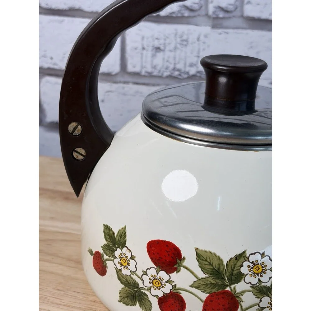Vintage Strawberry Enamel Whistling Tea Kettle Farmhouse Kitchen Decor